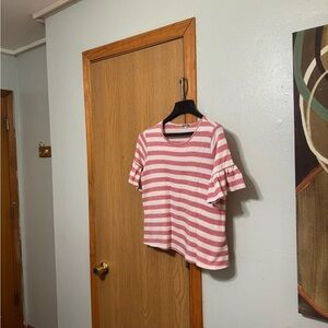 Pleione Medium White & Red w/Stripes & Bell Sleeves Scoop Neck Knit Top - EUC